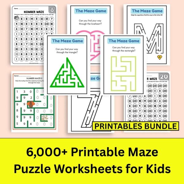 Challenge your child’s brain with over 6,000 printable maze worksheets! This Mega Maze Bundle includes shapes, numbers, summer themes, circles, squares, mixed puzzles & more — perfect for ages 3 to 10. Instant download!